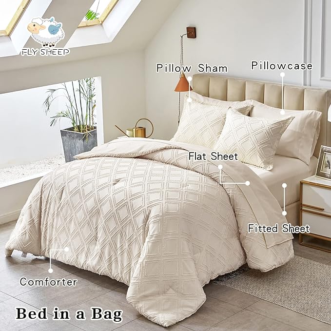 7 Pieces Tufted Bed in a Bag King Comforter Set with Sheets Beige, Soft and Embroidery Shabby Chic Boho Bohemian, Luxury Solid Color with Diamond Pattern, Jacquard Tufts Bedding Set for All Season