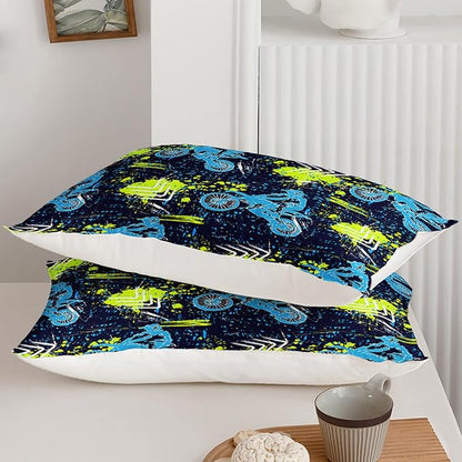 Axolotl Boys Dirt Bike Bedding Set Twin,Dirt Bike Comforter Set,Extreme Sports Tie Dye Bedding Set Motor Biker,Motocross Rider Comforter Set for Boys Kids Teens Men,1 Quilt 2 Pillowcases,Blue Green