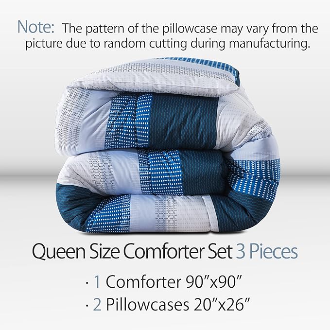 Andency Stripe Comforter Set Queen Size (90x90 Inch), 3 Pieces Navy Patchwork Striped Comforter, Soft Microfiber Down Alternative Comforter Bedding Set with Corner Loops