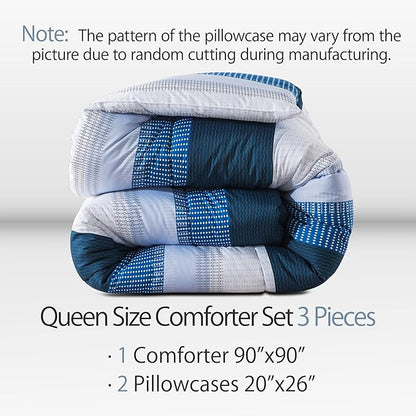 Andency Stripe Comforter Set Queen Size (90x90 Inch), 3 Pieces Navy Patchwork Striped Comforter, Soft Microfiber Down Alternative Comforter Bedding Set with Corner Loops