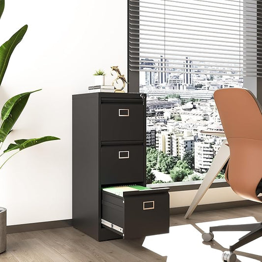 3 Drawer File Cabinet, Metal Vertical File Cabinets with Lock for Home Office, Office Steel Filing Cabinet for Hanging Files for A4/ Legal/Letter,Assembly Required (Black)