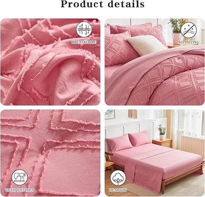 7 Pieces Tufted Bed in a Bag King Comforter Set with Sheets Pink, Soft and Embroidery Shabby Chic Boho Bohemian, Luxury Solid Color with Diamond Pattern, Jacquard Tufts Bedding Set for All Season