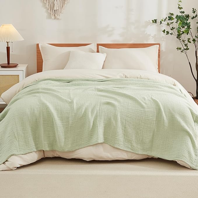 EMME Cotton Blanket Queen Size for Bed Soft Large Muslin Bed Blankets 90"x90" Lightweight Breathable All Season Gauze Blanket, Mint Green