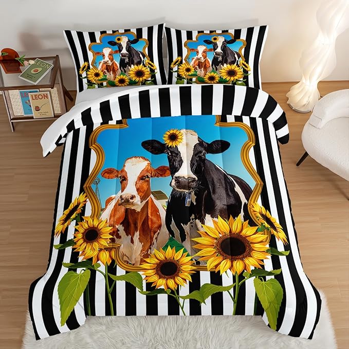 HOSIMA Animal Theme Bedding Set Bull and Cow Comforter with 2 Pillowcases,Black and White Stripes Full Size Comforter Set for Adults Teens Kids,Sunflower Print Western Bedding Sets.