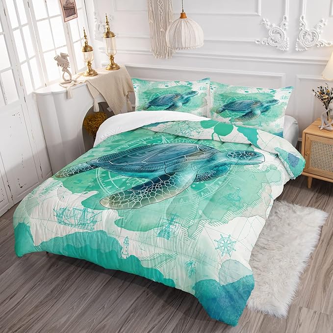 CVHOUSE Sea Turtle Bedding Set,Sea Turtle Comforter Twin,Ocean Bohemia Comforter Set for Boys Kids Girls,Ocean Quilt Set with 1 Comforter and 2 Pillow Cases