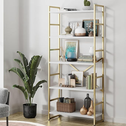Shintenchi 2 Pieces 5 Tiers Bookshelf, Classically Tall Bookcase Shelf, Industrial Book Rack, Modern Book Holder in Bedroom/Living Room/Home/Office, Storage Rack Shelves for Books/Movies-Gold