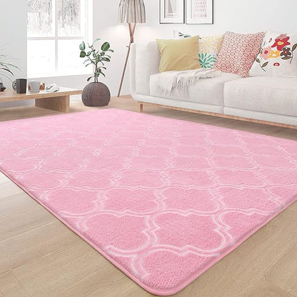 Chicrug Shag Geometric Modern Area Rug for Bedroom, 4x6 Feet Memory Foam Indoor Carpet, Fluffy Rug for Living Room Bedside Room Decor for Family Girls Kids Nursery Play Mat, Pink/White