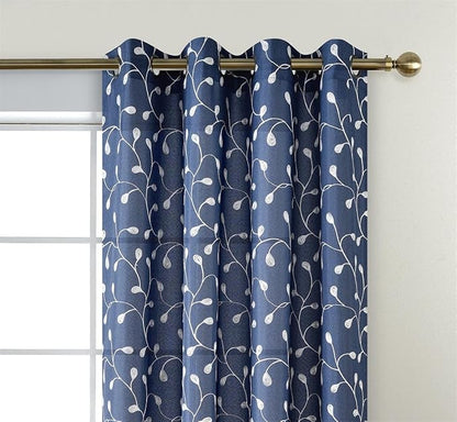 MIUCO Floral Embroidery Semi Sheer Curtains Faux Linen Grommet Window Curtains for Living Room 52 x 63 Inch 2 Panels, Navy Blue