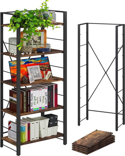 4NM Bookshelf 5 Tier Industrial Bookcase Home Office Adjustable Bookshelves Storage Shelves Organizer Vintage Book Shelf Display Rack for Living Room, Bedroom,Home- Rustic Brown