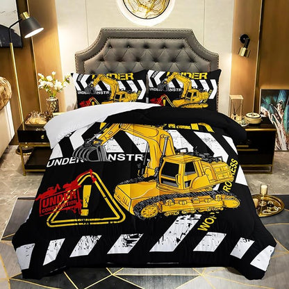 Excavator Comforter King Size,Construction Truck Comforter Set for Kids Teens Boys Girls,3Pcs Bedding Set Printed Comforter with 2 Pillowcases,Soft and Lightweight(Black，King Size)