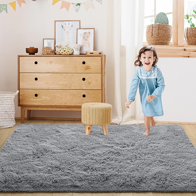 Super Soft Fluffy Shaggy Rugs for Living Room Bedroom, Fuzzy Plush Area Rugs for Girls Kids Room Nursery Home Decor, Furry Dorm Throw Rug Cute Non-Slip Indoor Floor Carpet 5x8 Feet, Grey