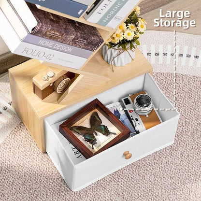 8 Tier Tree Bookshelf with Drawer, Free Standing Wood Bookcase for Narrow Space, Storage Organizer Bookshelves for Books, Book Case for Home Office, Living Room, Bedroom - Natural