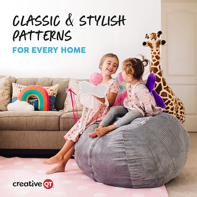 Creative QT Stuff ’n Sit Large 33’’ Bean Bag Storage Cover for Stuffed Animals & Toys – Green & White Stripe – Toddler & Kids’ Rooms Organizer – Beanbag Makes Great Plush Toy Hammock Alternative