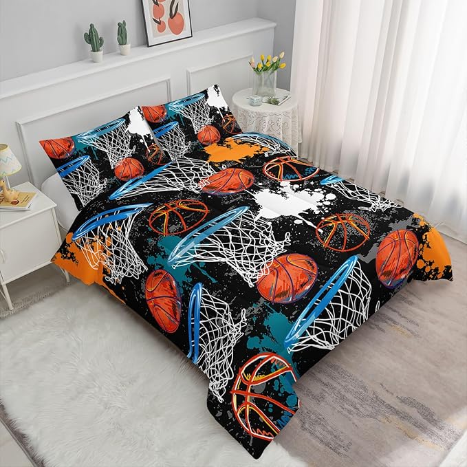 Axolotl Basketball Comforter Set Full,Sports Comforter Set,Basketball Bedding Set,Sports Theme Comforter Set,Grunge Bedding Aesthetic Cool Style for Boys Kids Men,1 Quilt 2 Pillowcases,Black Blue