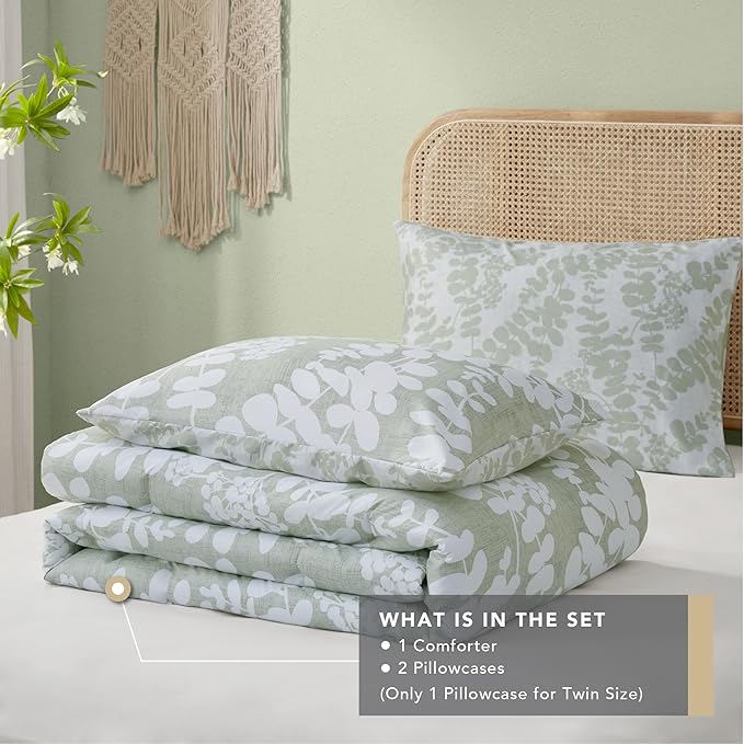 Codi Sage Green Comforter Set Queen Size, Floral Bedding Sets for Women | Nature Botanical Style, Unique Reversible Design, Better for Spring and Summer | Leaf Print 3 Pieces