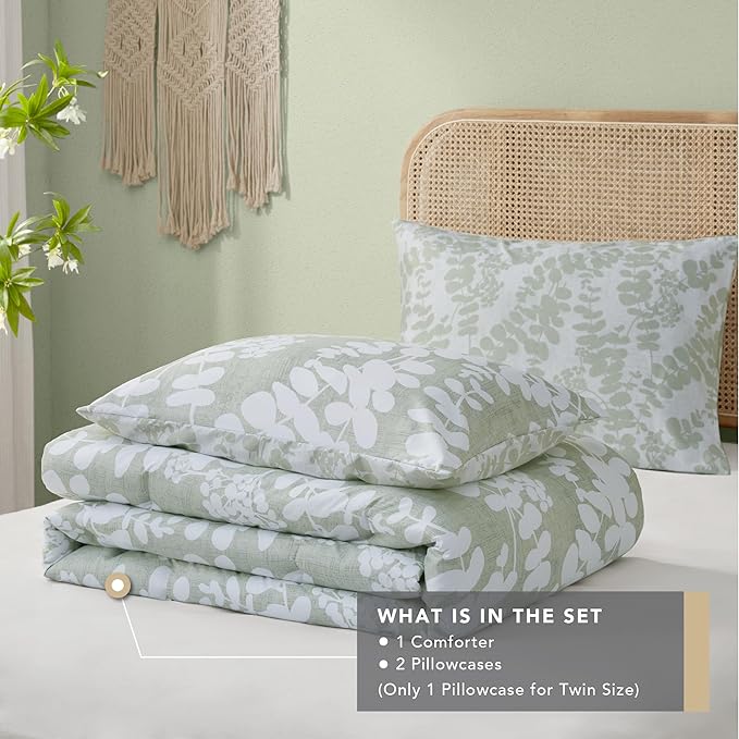 Codi Green Floral Comforter Twin Size, Sage Botanical Bedding Set | Nature Style, Unique Reversible Design, Better for Spring and Summer | Leaf Print 3 Pieces