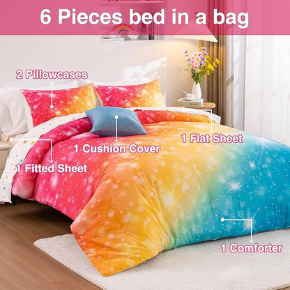 A Nice Night Gradient Glitter 6Pcs Bed in A Bag Bedding Set for Girls Twin Size, Colorful Rainbow Galaxy Comforter Set, Ultra Soft Bedding Sets, YellowBlue