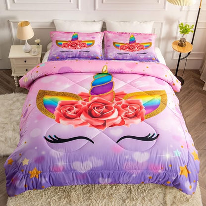 Unicorn Full Bedding Sets for Girls Kids Comforter Set Full Size with 2 Pillowcases Purple Unicorn Room Decor for Girls Bedroom Ultra Soft Machine Washable Toddler Bed Set