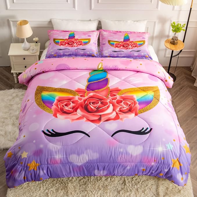 Unicorn Twin Bedding Sets for Girls Kids Comforter Set Twin Size with 2 Pillowcases Purple Unicorn Room Decor for Girls Bedroom Ultra Soft Machine Washable Toddler Bed Set