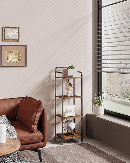 Bookcase Bookshelf, Narrow Book Shelf, Industrial Coner Shelf Storage Organizer, Slim Shelving Unit for Home Office, Living Room, Bedroom, Kitchen, 4-Tier Rustic Brown BC24401B