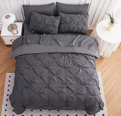 LANE LINEN King Size Comforter Set with Sheets, Pillowcases & Shams, 7 Piece Bed in a Bag Set King Size, Pintuck King Bed Comforter Set, Soft King Bedding Set, Pinch Pleated King Size Bed Set - Grey