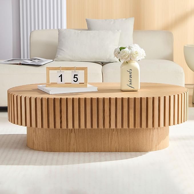 43.7" Oval Coffee Table for Living Room,Modern Handcraft Drum Coffee TableSmall Wooden Coffee Table with Sturdy Pedestal Easy Assembly for Office-Natural
