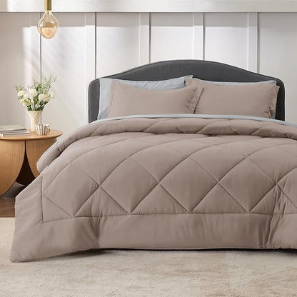 Bedsure Taupe King Size Comforter Set - 7 Pieces Reversible King Bed in a Bag King Bed Set with Comforters, Sheets, Pillowcases & Shams, King Bedding Sets