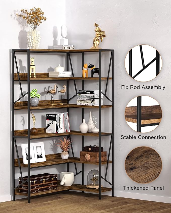 Bookshelf 6 Tier Corner Shelf, 77" Industrial Large Corner Etagere Bookcase, 6-Shelf Tall Corner L Shaped Storage Display Rack for Living Room Home Office