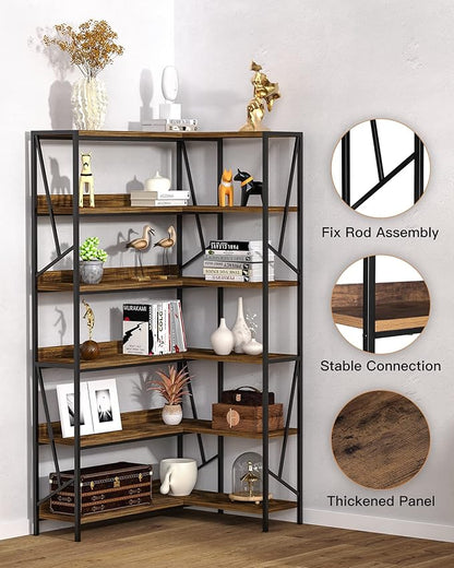 Bookshelf 6 Tier Corner Shelf, 77" Industrial Large Corner Etagere Bookcase, 6-Shelf Tall Corner L Shaped Storage Display Rack for Living Room Home Office