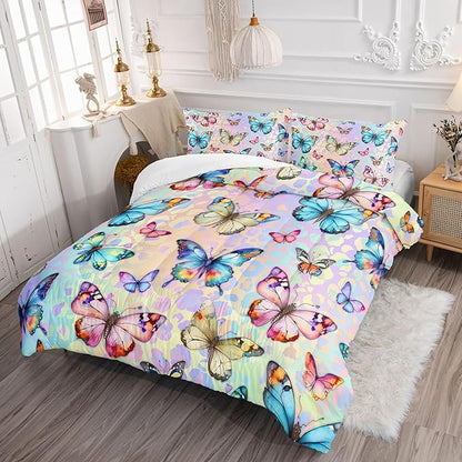 Datura home Kids Comforter Set Butterfly Printed Pattern Bedding Set with 1 Comforter and 2 Pillowcases for Girls Boys Bedroom All Season(Butterfly0 Full)