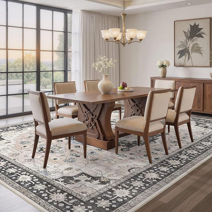 Washable Area Rugs for Living Room - 9x12 Neutral Vintage Distressed Floral Farmhouse Boho Large Soft Floor Rug Indoor Non Slip Carpet for Bedroom Dining Room Office - Pink/Dark Green