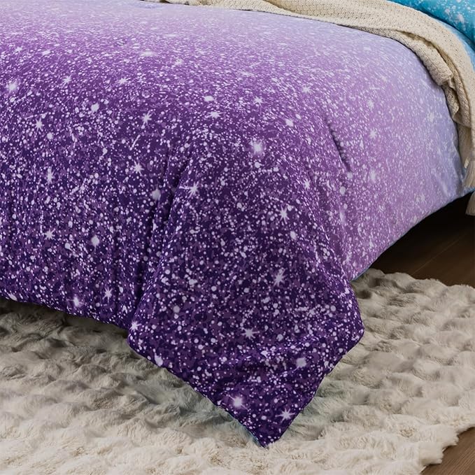 Holawakaka Kids Space Star Glitter Comforter Set Ombre Blue & Purple Print Bedding Set Twin/Twin XL Size Girls Boys Dorm Gradient Galaxy Bed Sets (Blue Purple, Twin)