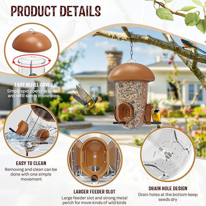 LONA Bird Feeders for Outdoors Hanging – 3 Separate Compartments, 3 Feeding Ports, Weatherproof Dome & 3 Ways to Hang, Large Capacity for Cardinals/Finches (Brown，Plus