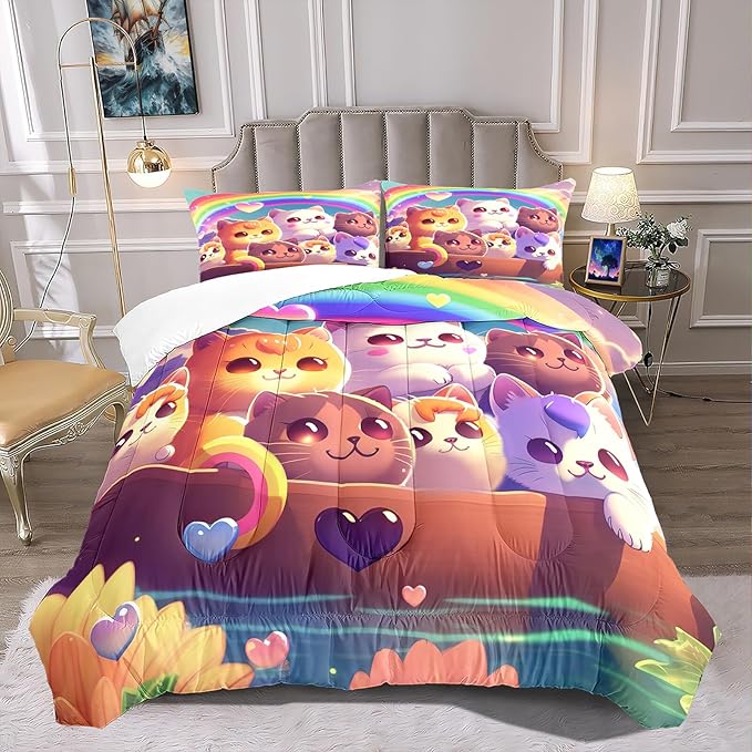 Kids Cat Comforter Set - Cat Bedding Set Full Size Cat Comforter Cartoon Cat Rainbow Printed Bedding Sets for Kids Girls Kawaii Cat Quilt Set, 1 Comforter+2 Pillowcases