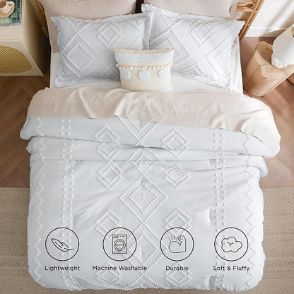 Bedsure Boho Comforter Set King - White Tufted Bedding Comforter Set, 3 Pieces Farmhouse Shabby Chic Embroidery Bedding Set, Soft Geometric Pattern Comforter for All Seasons