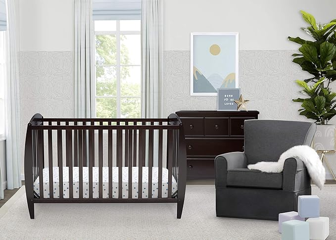 Delta Children Twinkle 4-in-1 Convertible Baby Crib, Sustainable New Zealand Wood, Dark Chocolate and Delta Children Twinkle Galaxy Dual Sided Recycled Fiber Core Crib and Toddler Mattress (Bundle)