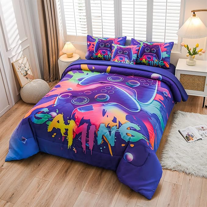 Aimuan Gaming Comforter Sets for Boys Kids Bedding Sets Video Games Console Action Buttons Novelty Colorful Game Gamepad Controller Modern Gamer Room Decor Home Quilt Set (Twin 6 Pcs,Purple)