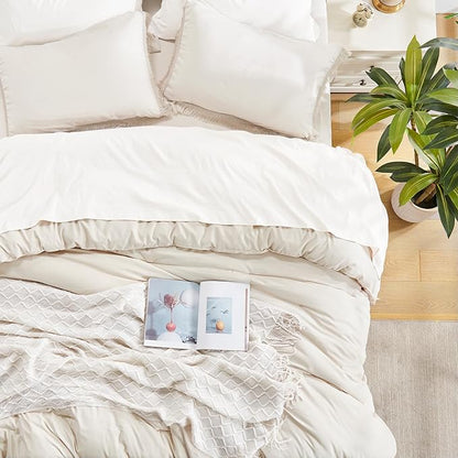 Andency King Size Comforter Set Beige, 3 Pieces Boho Lightweight Tassel Fluffy Bedding Comforters & Sets, Soft All Season Bed Set (104x90In Comforter & 2 Pillowcases)