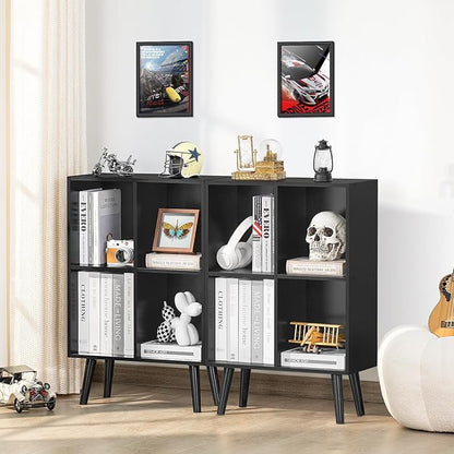 YAHARBO 4 Cube Black Bookshelf, Small Black Narrow Book shelf, 3 Tier Modern Bookcase with Legs,Bookshelves Wood Storage Shelf, Rustic Book Shelves Cube Organizer, Display Bookcase