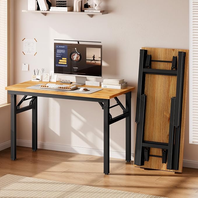 DlandHome 35.8 Inch Small Folding Computer Desk for Home Office, Teak Black | Foldable Writing Table for Small Spaces Bedroom, No Assembly Required, Wood Top Metal Frame, Collapsible Compact Easy Storage