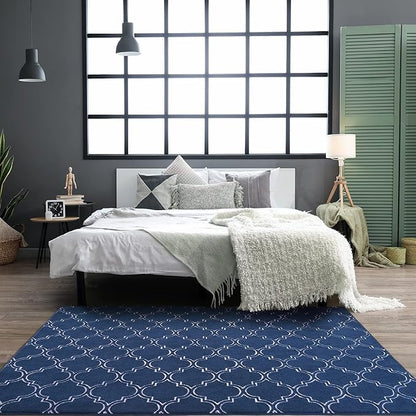 Chicrug Shag Geometric Modern Area Rug for Bedroom, 5x7 Feet Memory Foam Indoor Carpet, Fluffy Rug for Living Room Bedside Room Decor for Family Girls Kids Nursery Play Mat, Navy/White