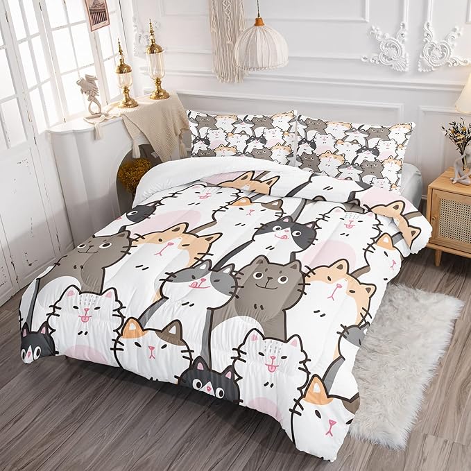 CVHOUSE Cat Bedding,Cartoon Cat Comforter Twin,Animals Print Comforter Set for Kids,Kawaii Quilt Set with 1 Comforter and 2 Pillow Cases