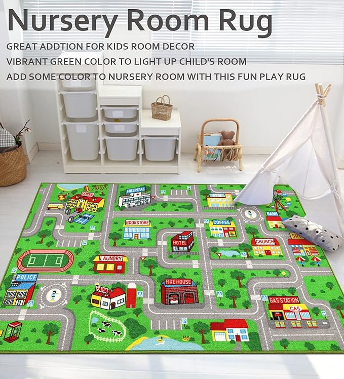 Kids Playroom Rug City Life Playmat Kids Rug for Hot Wheels Car 5.2'x3'3" City Map Traffic Road Learning Educational Area Rug Carpet for Children Bedroom Nursery Room Game