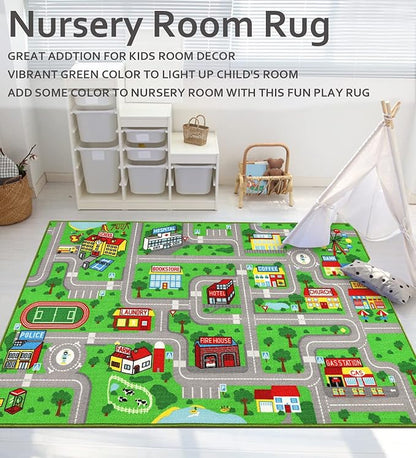 Kids Playroom Rug City Life Playmat Kids Rug for Hot Wheels Car 5.2'x3'3" City Map Traffic Road Learning Educational Area Rug Carpet for Children Bedroom Nursery Room Game