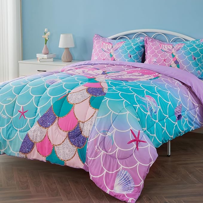 Full Size Comforter Sets for Girls Mermaid Tail Rainbow Scales Bedding Set 3 Pieces Full Comforter with 2 Pillowcases for Kids, Teenagers