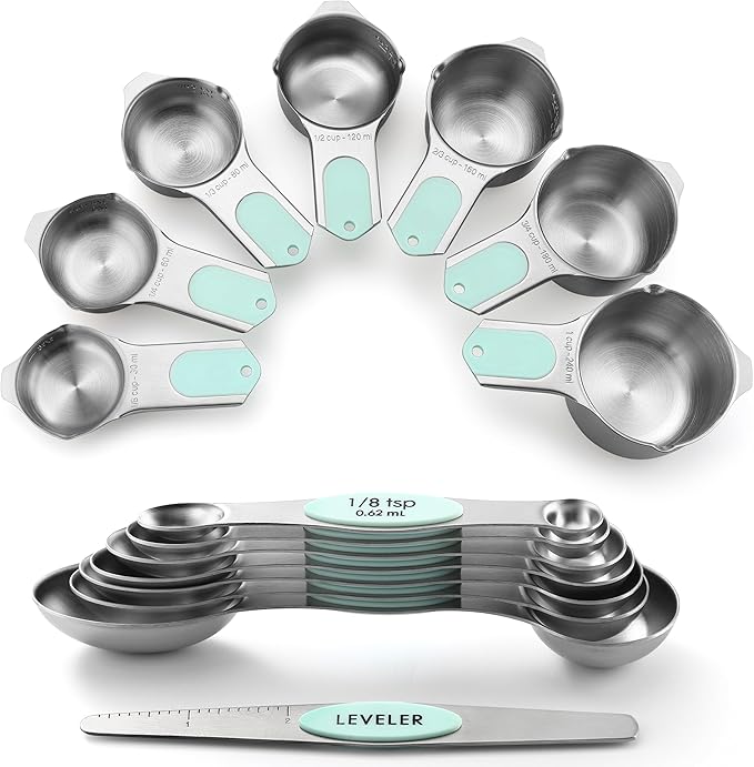 Spring Chef Magnetic Measuring Cups & Spoons Set of 15, Patented, Mint | Stackable Stainless Steel Measuring Cups & Heavy Duty Metal Measuring Spoons with Levelers for Dry & Liquid Ingredients
