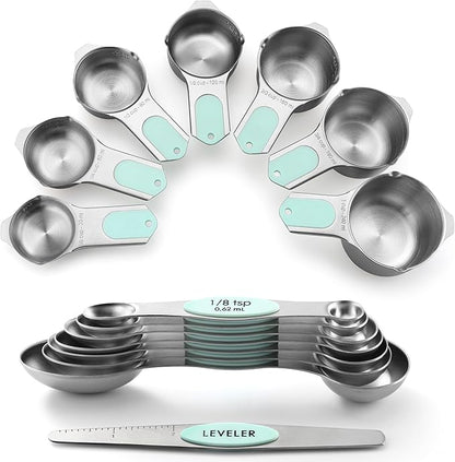 Spring Chef Magnetic Measuring Cups & Spoons Set of 15, Patented, Mint | Stackable Stainless Steel Measuring Cups & Heavy Duty Metal Measuring Spoons with Levelers for Dry & Liquid Ingredients