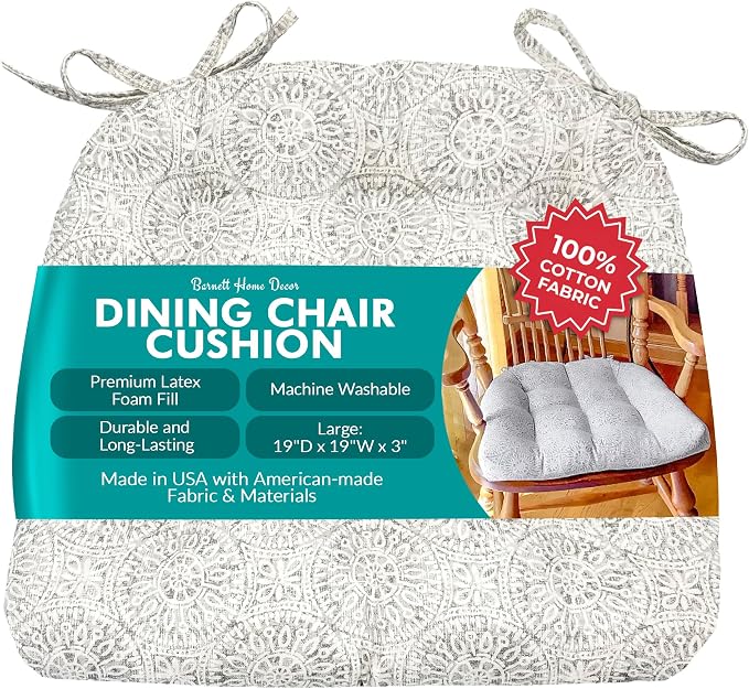 Barnett Home Decor Tibet Grey Dining Chair Pad with Ties - 19 x 19 Size Large Chair Cushion - Latex Foam Fill - Machine Washable, 100% Cotton, Made in USA (Gray Mandalas)
