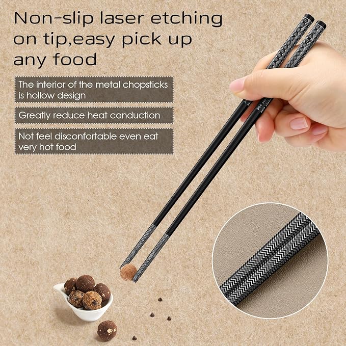 8 Pairs Metal Chopsticks Reusable Black Stainless Steel Chopsticks Set Laser Engraved Non-slip Japanese Korean Chinese Chopstick for Cooking Eating Dishwasher Safe 9.25" Chop Sticks Gift Set