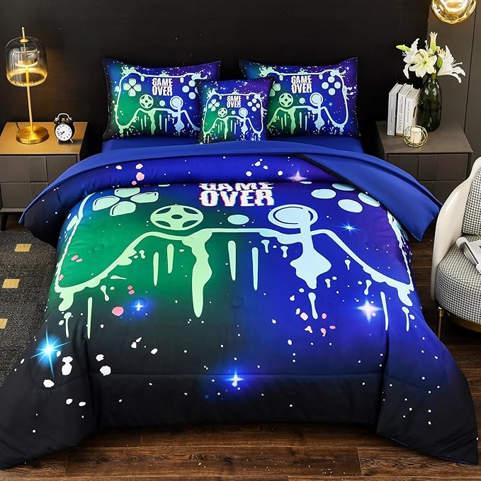Gamer Console Blue Comforter Set with Sheets for Boys,Full Size Glitter Gaming Bedding Set for Kids,6 Pieces Colorful Graffiti Green Dark Game Controller Bed in a Bag for Teens (Green&Blue, Full)